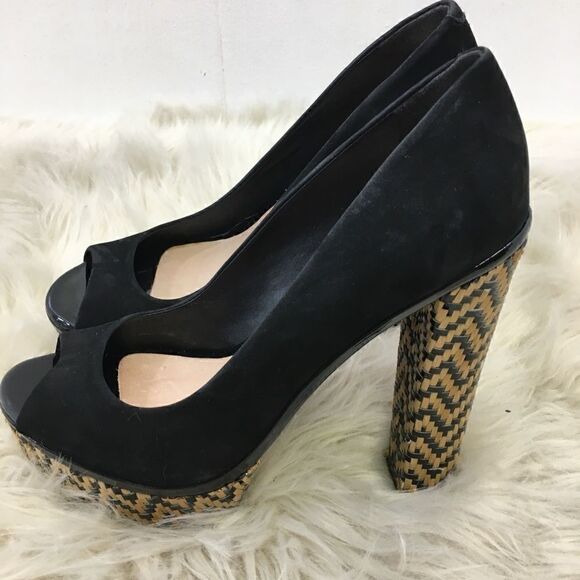 Schutz Black Suede Peep toe Platform Cara Shoes 9 - Picture 1 of 8
